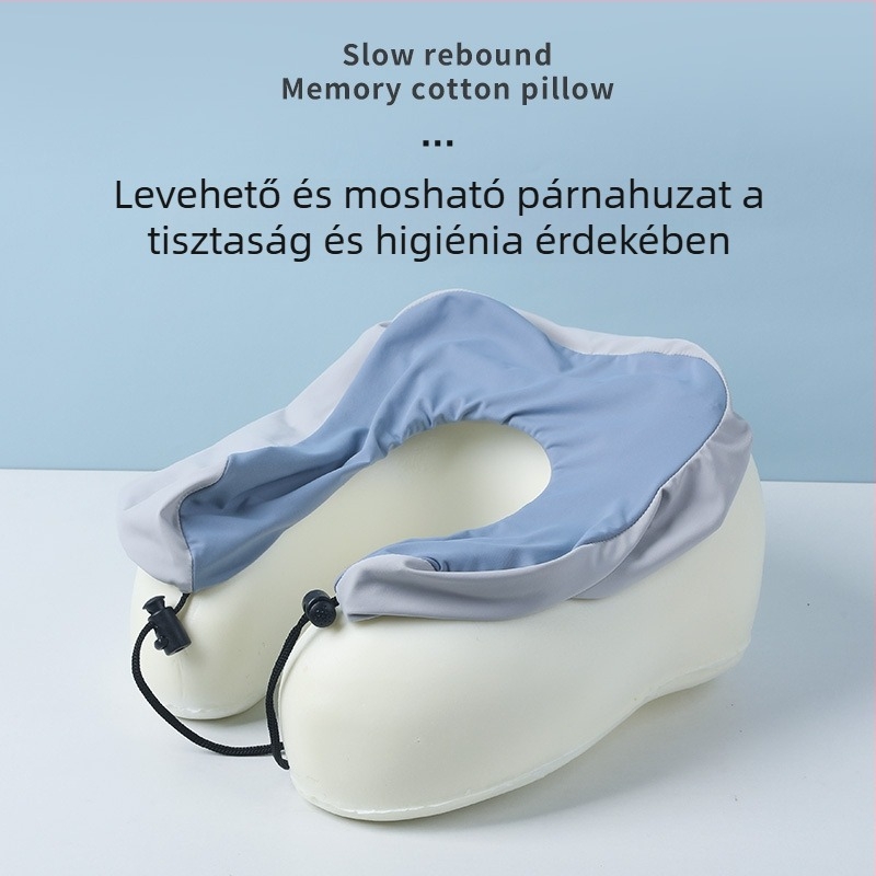 U-alakú nyakpárna kültéri utazásokhoz, hordozható memóriahabos párna, hűs Ice Silk anyaggal, repülőgép párna