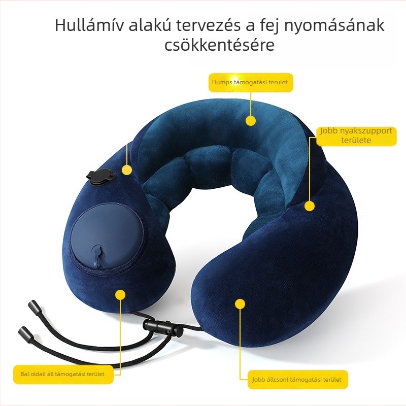 Felfújható U-formájú nyakpárna, hordozható utazási párna, gáztöltettel és kristály velúr bevonattal, összecsukható