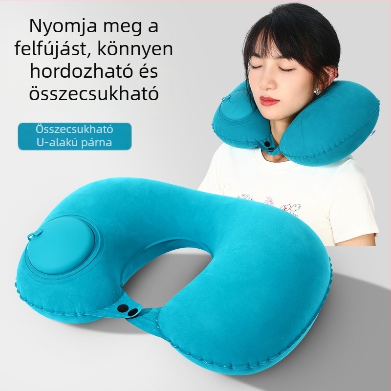 Felfújható U-formájú nyakpárna utazáshoz, hordozható, nyomógombos szeleppel, könnyű 0,5 kg alatt, flocked anyag