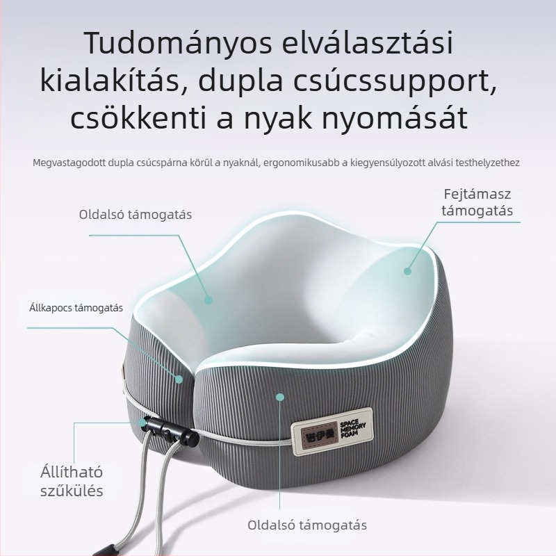 Utazó U-alakú nyakpárna memóriahab töltettel, hordozható, felnőtteknek