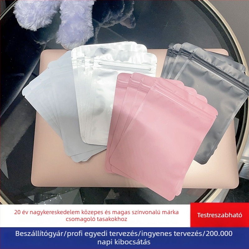 Öntapadós ékszer csomagoló taska, átlátszatlan alumíniumfóliás lamináttal, matt film + PET aluminizált + CPP; zárási hossz 5–20 cm