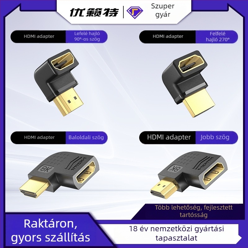HDMI adapter, férfi–nő, balra/jobbra hajlított, 90°/270°, Micro HDMI, aranyozott érintkezők