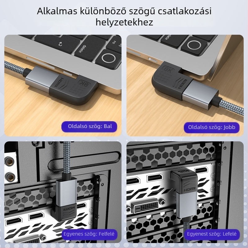 HDMI adapter, férfi–nő, balra/jobbra hajlított, 90°/270°, Micro HDMI, aranyozott érintkezők