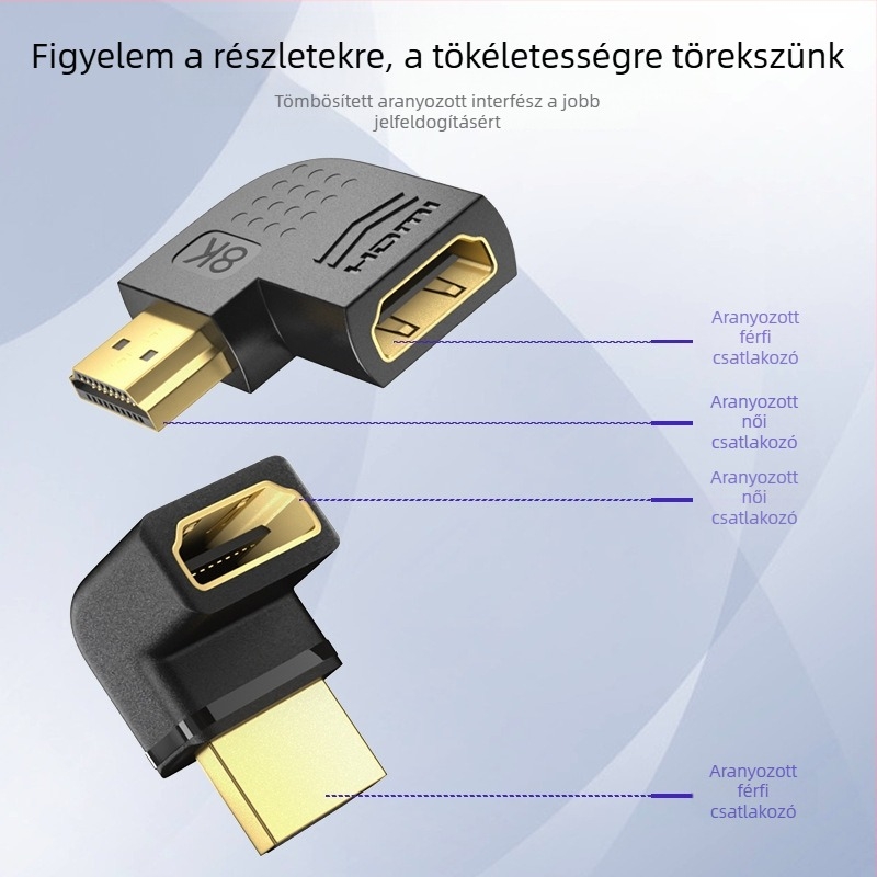 HDMI adapter, férfi–nő, balra/jobbra hajlított, 90°/270°, Micro HDMI, aranyozott érintkezők
