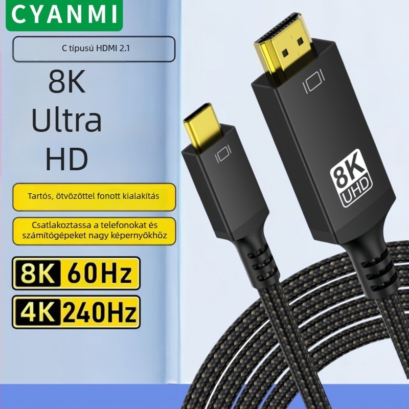 Type-C HDMI 8K60Hz videókábel mobiltelefonhoz, számítógéphez és monitorhoz, 1 m hosszú