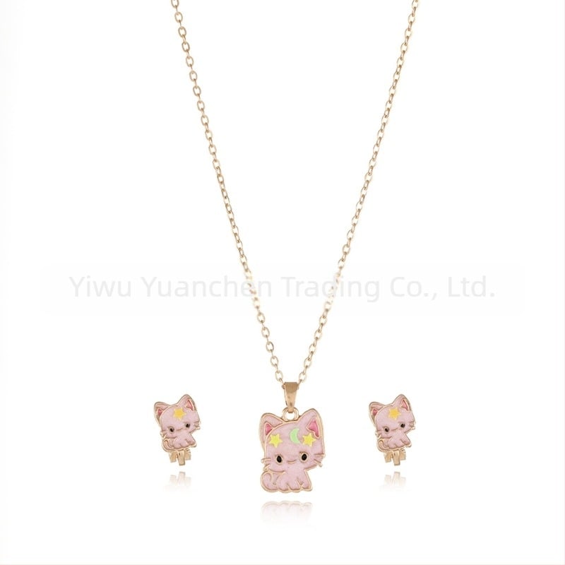 Gyerekeknek készült ötvözetből készült nyaklánc és fülbevaló készlet, csepp olajos felülettel, figurás motívummal