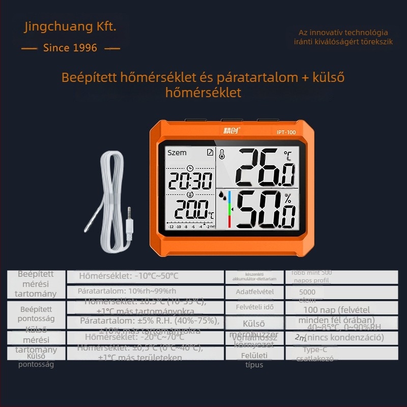IPT-100 Ipari hőmérséklet- és páratartalom-mérő, magas pontosság, Bluetooth távoli felügyelet, AAA-s elemmel működik, ipari raktárakhoz és műhelyekhez
