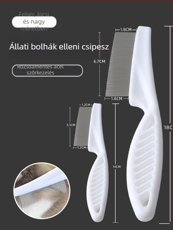 Macska- és kutya bolhák elleni fésű, finom fogú acélfésű hosszú szőrre