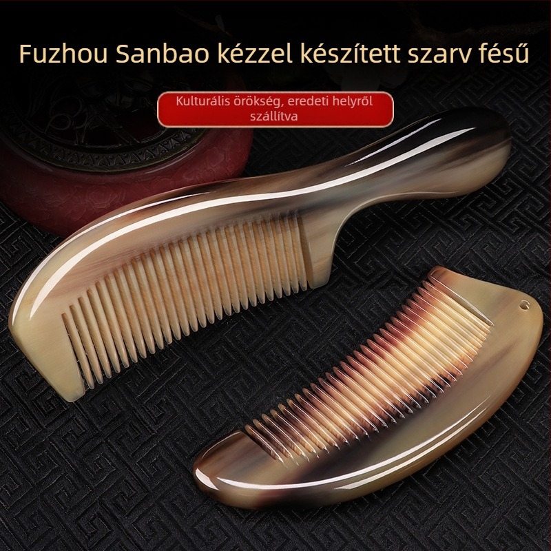 Bivaly szarvából készült hajkefe hosszú nyélű, finom fogakkal, hosszú hajhoz