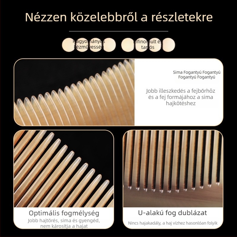 Bivaly szarvából készült hajkefe hosszú nyélű, finom fogakkal, hosszú hajhoz