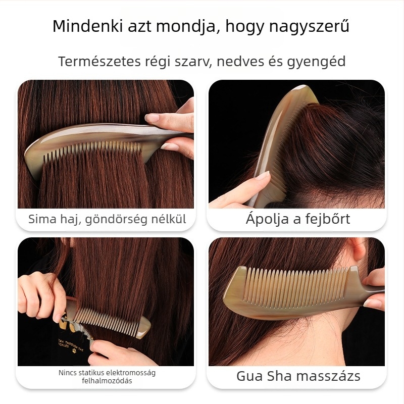 Bivaly szarvából készült hajkefe hosszú nyélű, finom fogakkal, hosszú hajhoz