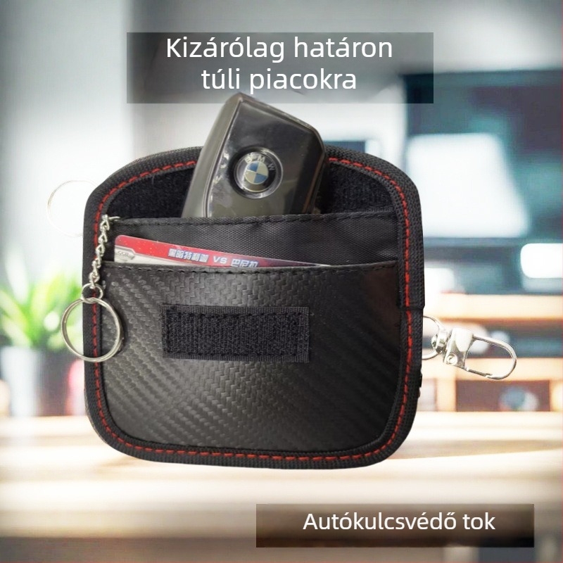 Kulcstáska lopás elleni védelemmel és autókulcs jelvédővel, bőrből, kockás mintával