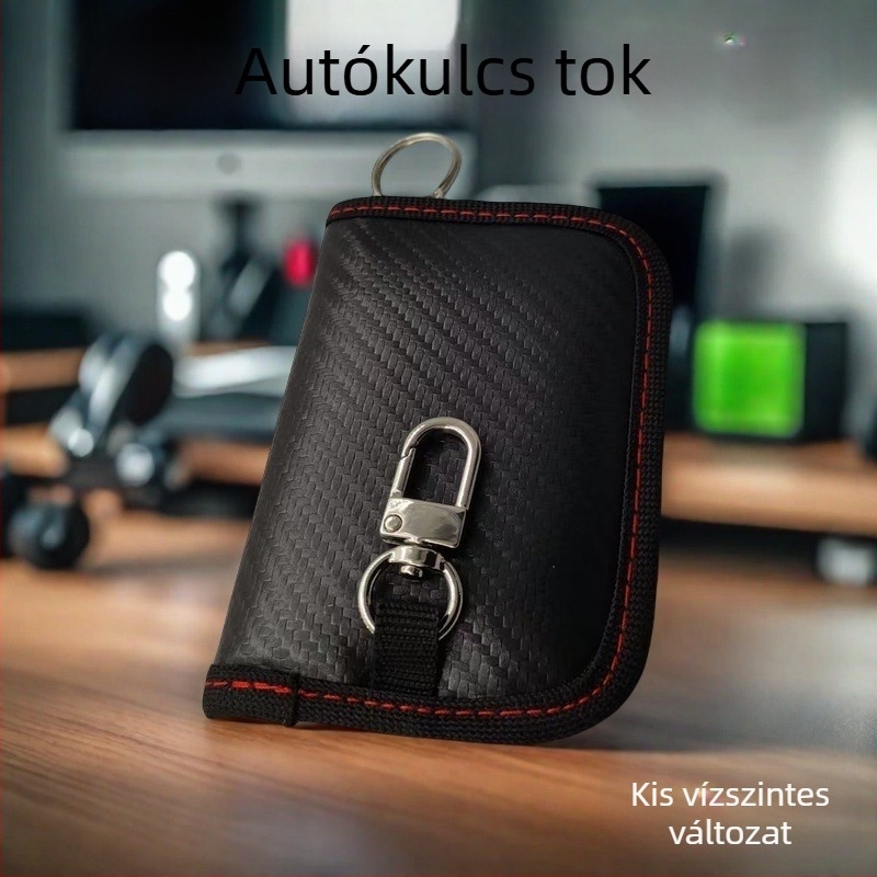 Kulcstáska lopás elleni védelemmel és autókulcs jelvédővel, bőrből, kockás mintával