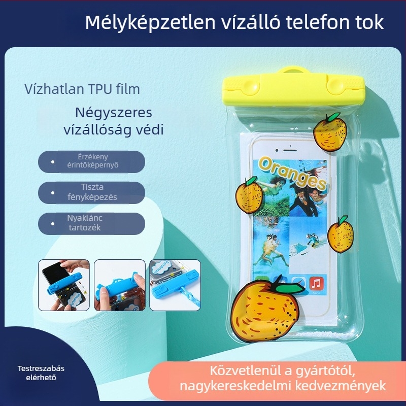 Mobiltelefon vízálló tok úszó/felfújható funkcióval – átlátszó rajzfilm tok, virágmintás, PVC anyag