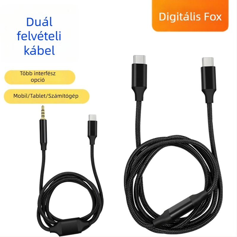 Digital Fox hangrögzítő audio kábel, kettős fejű, 3,5 mm-es férfi–3,5 mm-es férfi és USB Type-C kétirányú csatlakozó
