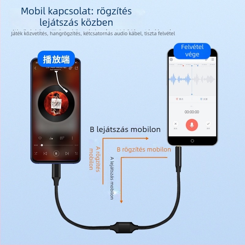 Digital Fox hangrögzítő audio kábel, kettős fejű, 3,5 mm-es férfi–3,5 mm-es férfi és USB Type-C kétirányú csatlakozó
