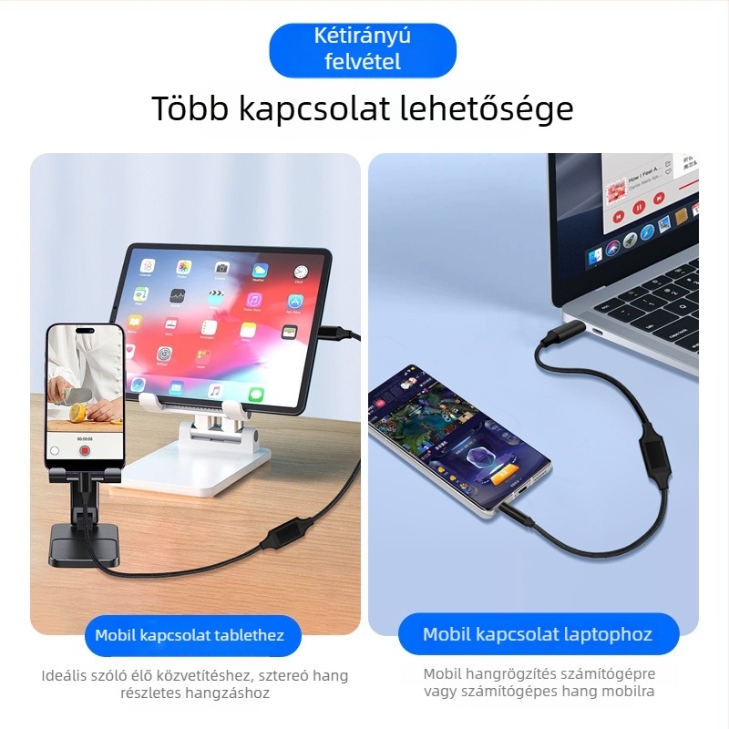 Digital Fox hangrögzítő audio kábel, kettős fejű, 3,5 mm-es férfi–3,5 mm-es férfi és USB Type-C kétirányú csatlakozó