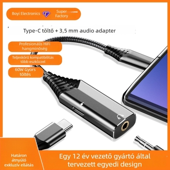Boyi Type-C 2-in-1 audio- és gyors töltési adapter, 3,5 mm-es fejhallgató csatlakozó, aranyozott érintkezők, 60W gyors töltés, kompatibilis eszközökkel: iPad Pro, Huawei, Xiaomi, Samsung, Google, Meizu