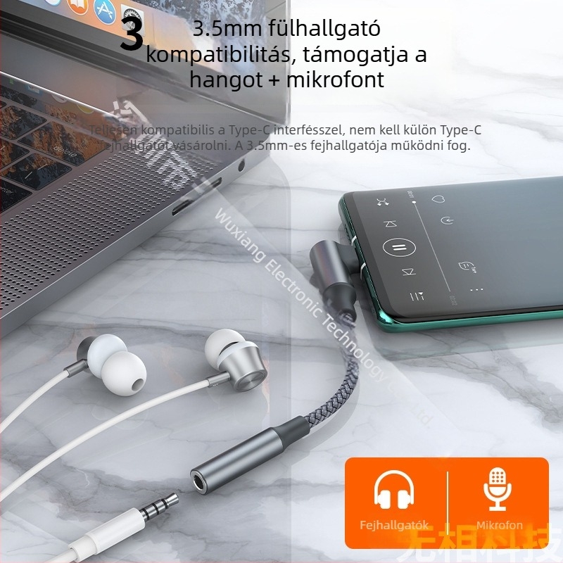 Könyök alakú Type-C fülhallgató adapter, 3,5 mm-es audio és töltés, 2 az egyben hangátalakító kábel