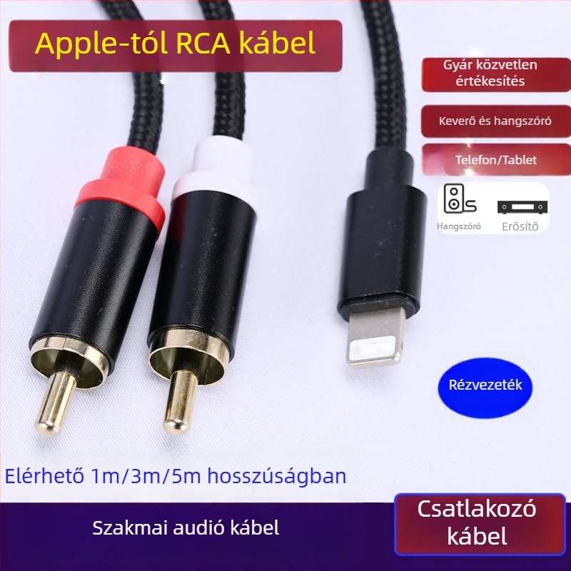 Type-C-vel a dupla RCA hangkábelle Huawei és Xiaomi készülékekhez – csatlakozás erősítőhöz és hangfalhoz (Type-C a dupla RCA; mag: CCA; vezető: oxigénmentes réz)