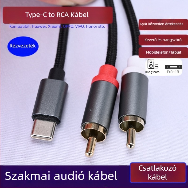 Type-C-vel a dupla RCA hangkábelle Huawei és Xiaomi készülékekhez – csatlakozás erősítőhöz és hangfalhoz (Type-C a dupla RCA; mag: CCA; vezető: oxigénmentes réz)