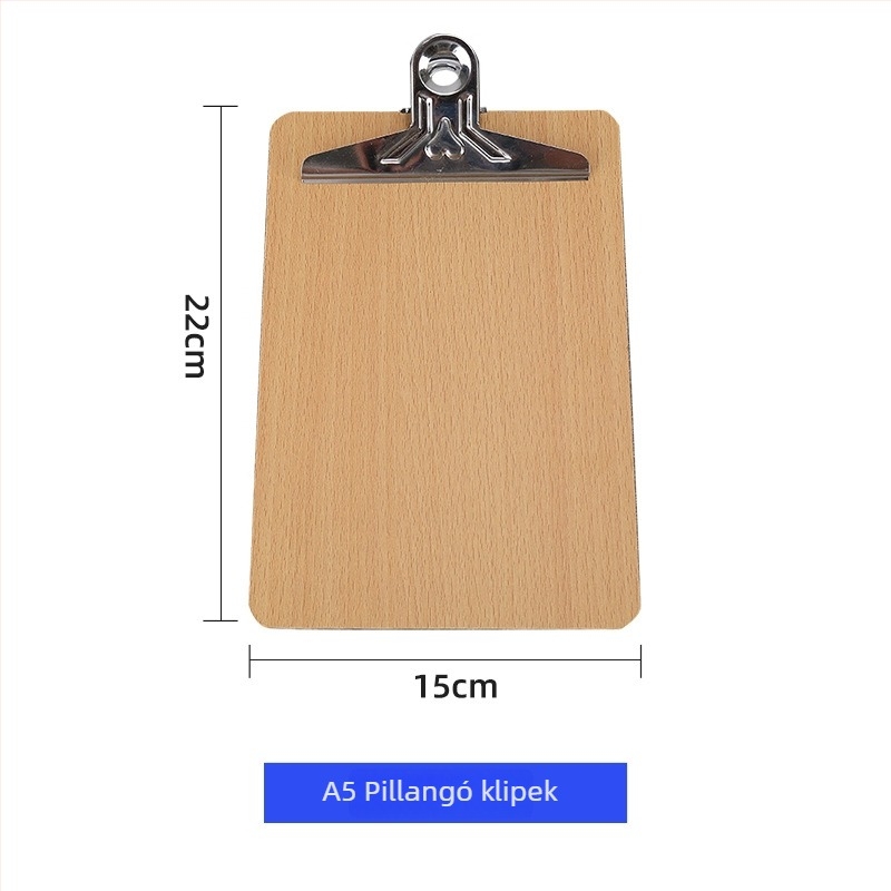 Fából készült irattartó klipe – anyag: fa; típus: egycsapos csipesz; lemez vastagsága: 180; rögzítő méret: 10 cm; papírméretek: A4/A5