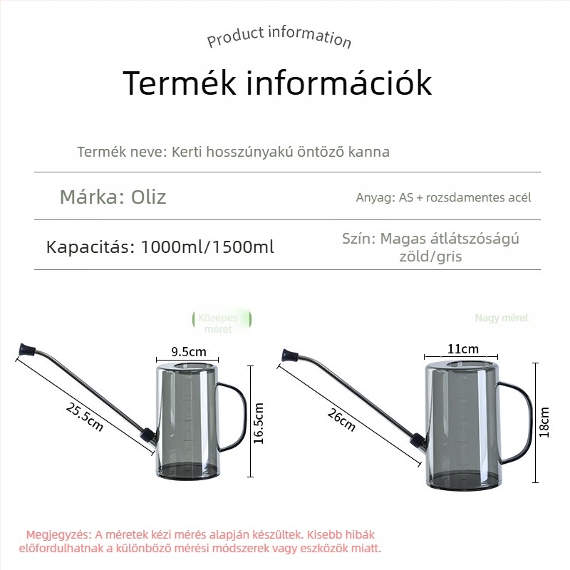 Olinze rozsdamentes acél öntözőkanna hosszú kifolyóval, nagy kapacitású kerti használatra