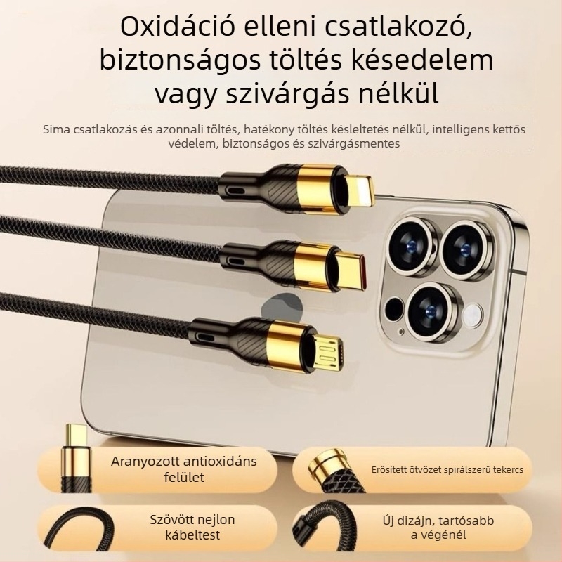3-in-1 USB adatkábel, 100W, Apple/Android/Type-C készülékekhez – autó töltőkábel, 6A