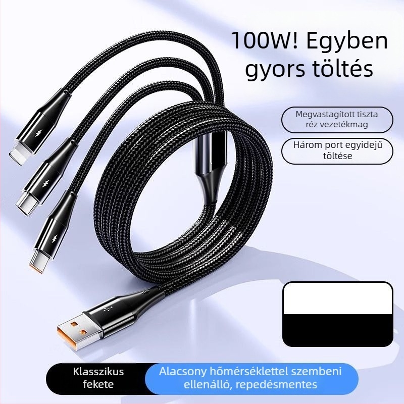 3-in-1 USB adatkábel, 100W, Apple/Android/Type-C készülékekhez – autó töltőkábel, 6A