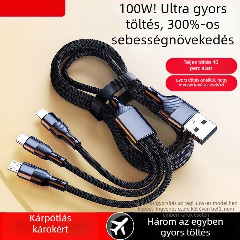 3-in-1 USB adatkábel, 100W, Apple/Android/Type-C készülékekhez – autó töltőkábel, 6A