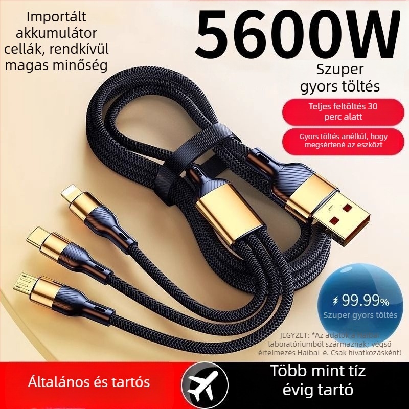 3-in-1 USB adatkábel, 100W, Apple/Android/Type-C készülékekhez – autó töltőkábel, 6A