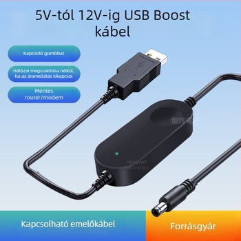 USB Boost kábel: 5V-ról 9V/12V-re, DC 5.5×2.1 mm csatlakozó, Type-C interfész, hossz 1.5 m, max. 1A