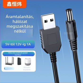 USB Boost kábel: 5V-ról 9V/12V-re, DC 5.5×2.1 mm csatlakozó, Type-C interfész, hossz 1.5 m, max. 1A