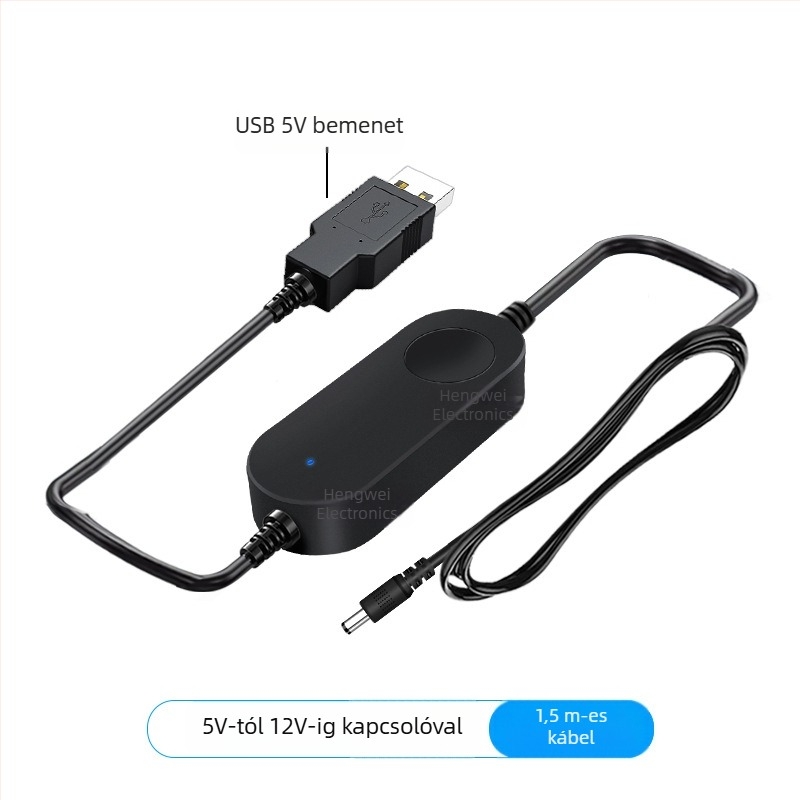 USB Boost kábel: 5V-ról 9V/12V-re, DC 5.5×2.1 mm csatlakozó, Type-C interfész, hossz 1.5 m, max. 1A