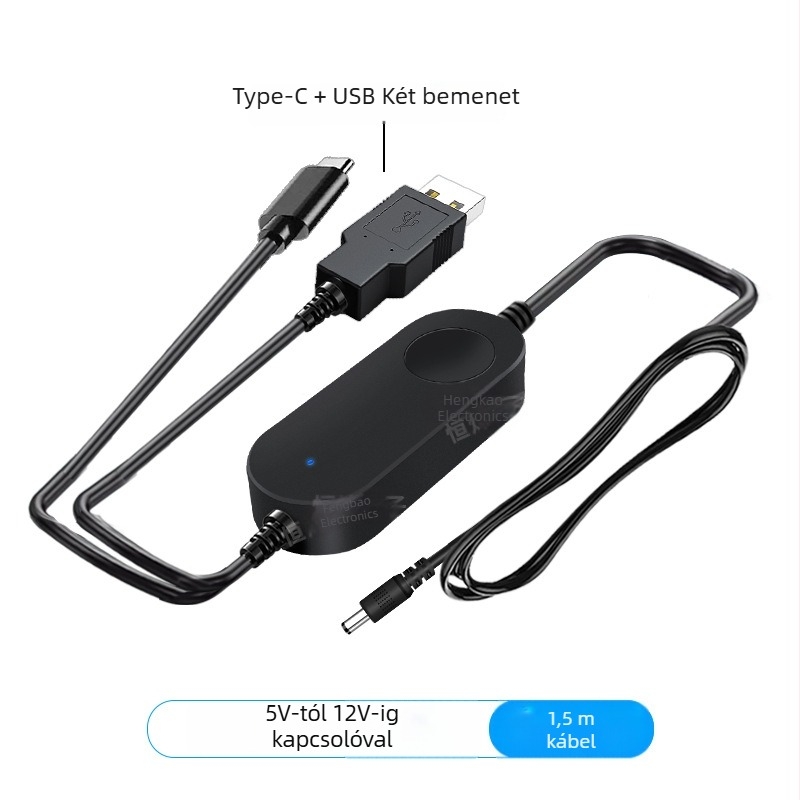USB Boost kábel: 5V-ról 9V/12V-re, DC 5.5×2.1 mm csatlakozó, Type-C interfész, hossz 1.5 m, max. 1A