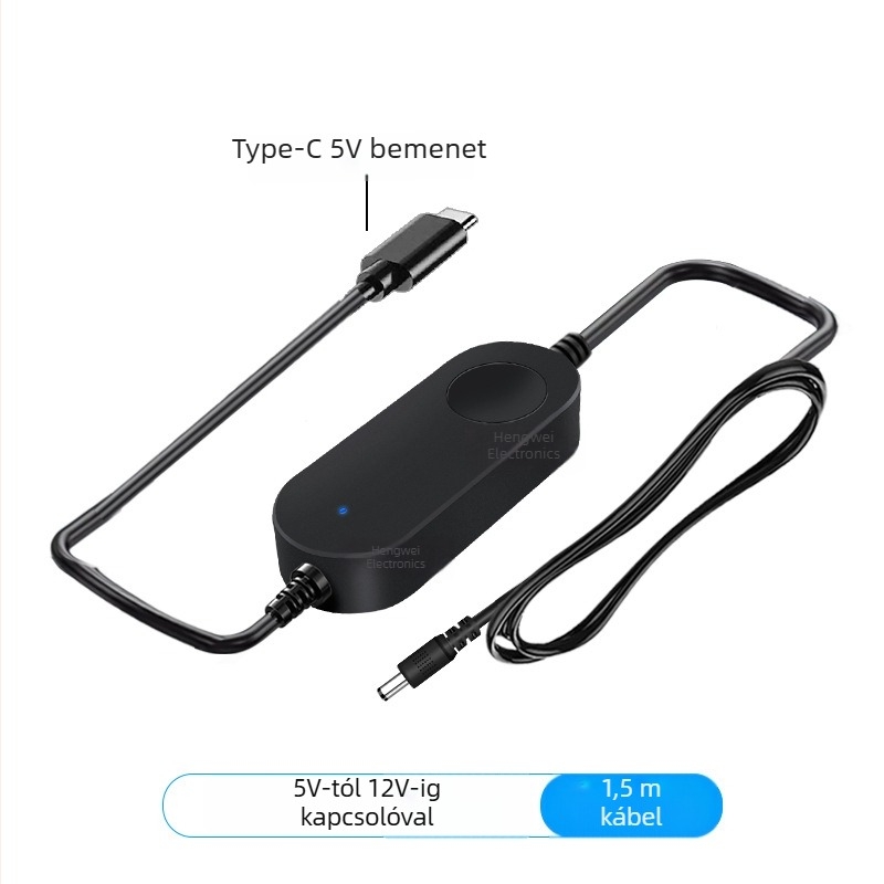 USB Boost kábel: 5V-ról 9V/12V-re, DC 5.5×2.1 mm csatlakozó, Type-C interfész, hossz 1.5 m, max. 1A