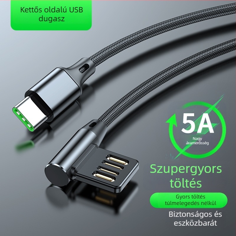 USB 90° adatkábel gyors töltéshez Lightning, Micro USB és Type-C csatlakozókkal; hossz: 0,5/1/2 m; maximális áram 5A.