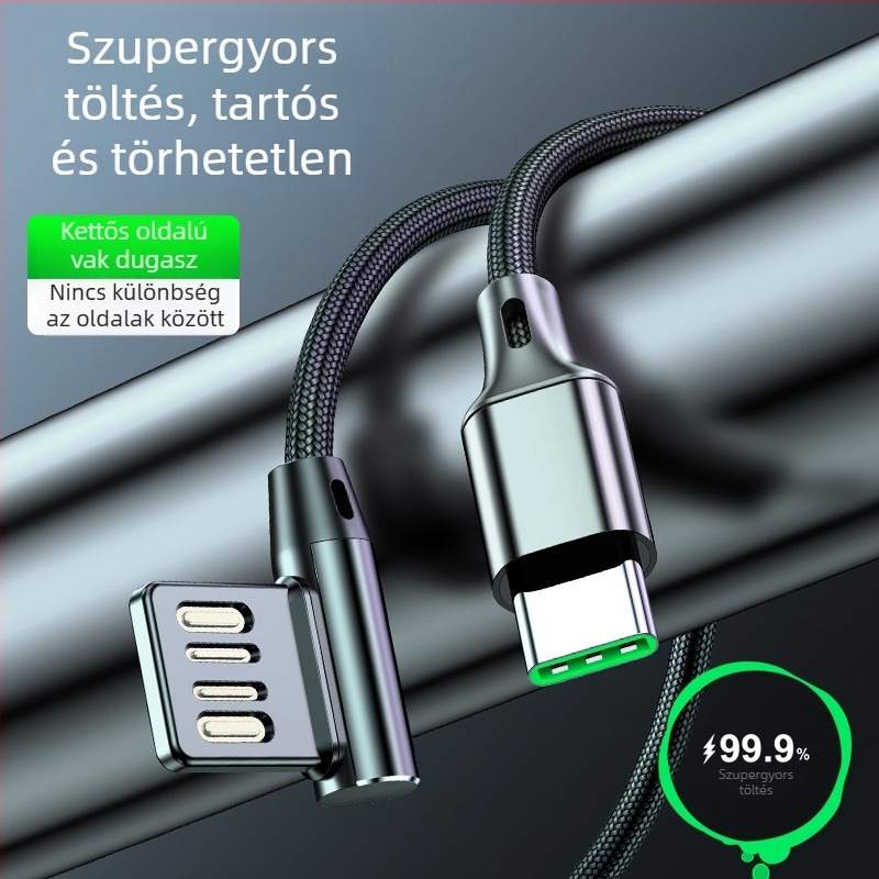 USB 90° adatkábel gyors töltéshez Lightning, Micro USB és Type-C csatlakozókkal; hossz: 0,5/1/2 m; maximális áram 5A.