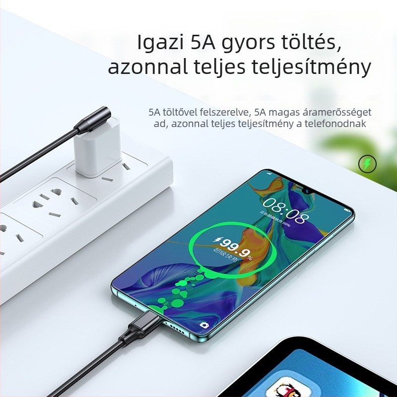 USB 90° adatkábel gyors töltéshez Lightning, Micro USB és Type-C csatlakozókkal; hossz: 0,5/1/2 m; maximális áram 5A.