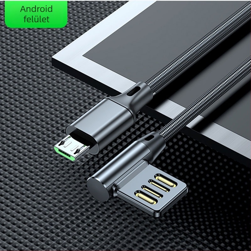 USB 90° adatkábel gyors töltéshez Lightning, Micro USB és Type-C csatlakozókkal; hossz: 0,5/1/2 m; maximális áram 5A.