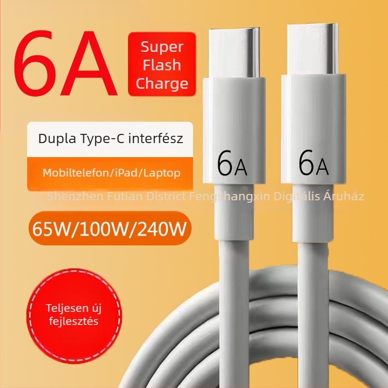 USB-C–USB-C PD gyors töltőkábel, 1–2 m, 6 A, maximális teljesítmény 240 W