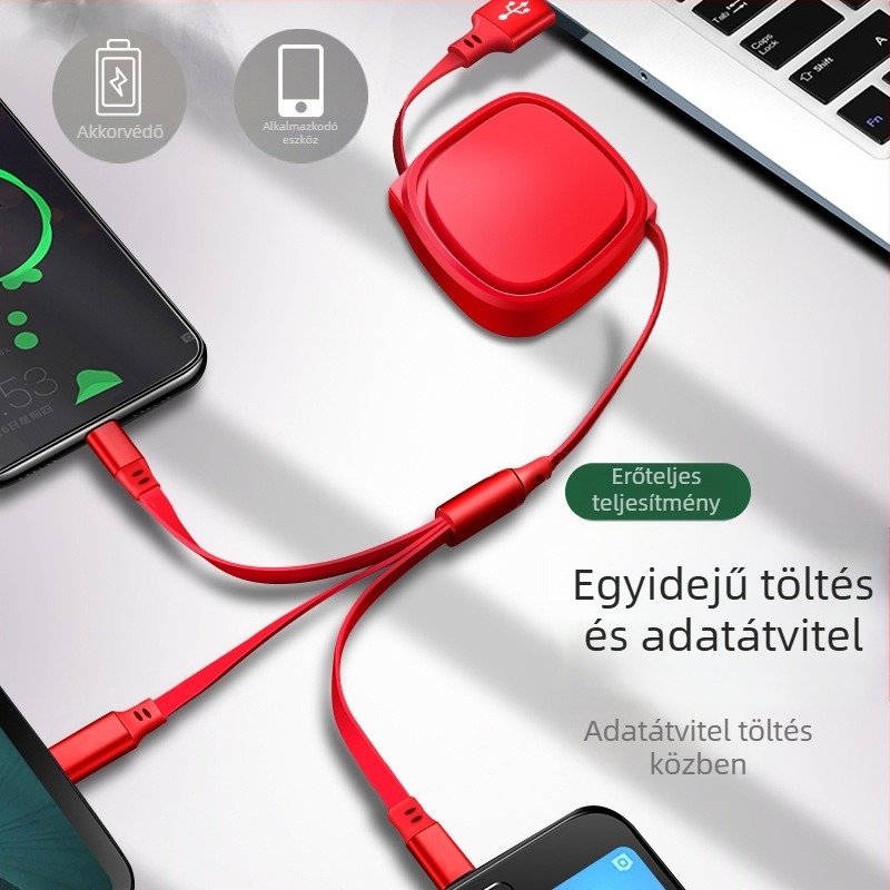 Három az egyben visszahajtható autós adatkábel Lightning, Micro USB és USB-C csatlakozókkal okostelefonokhoz, hossz 1-2 m