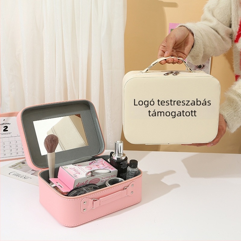 Kozmetikai táska tükrös, PU bőr, vízálló, nagy kapacitás, belső bélés nélkül
