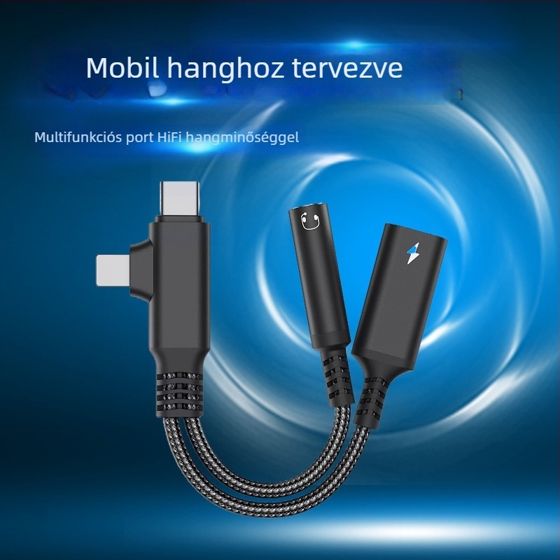 Type-C audió és töltés 2-in-1 adapter kábel Apple, Huawei, Samsung számára; nikkel bevonat, rézvezető, ROHS tanúsított