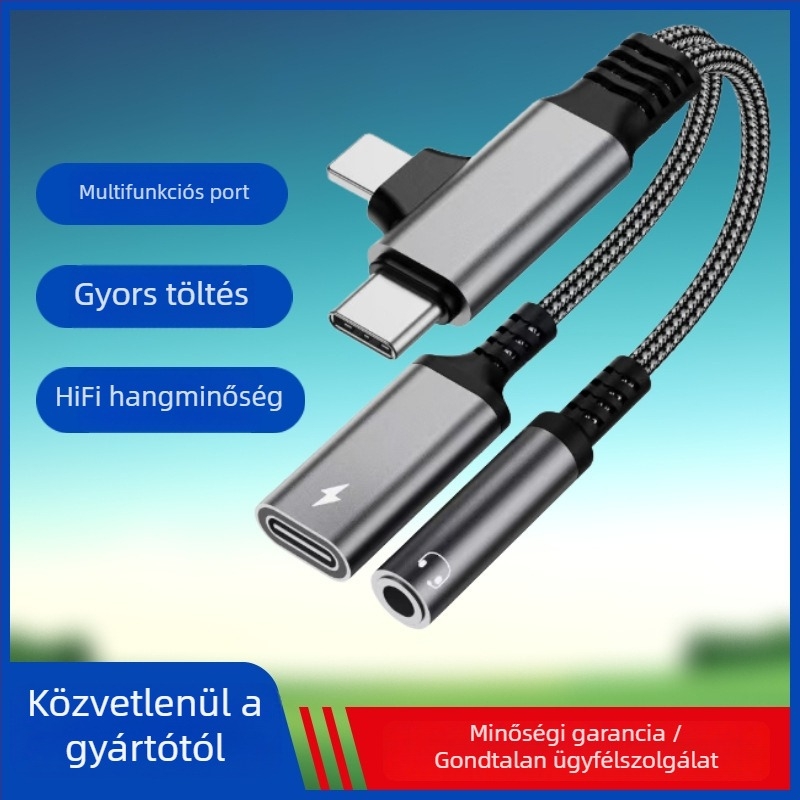 Type-C audió és töltés 2-in-1 adapter kábel Apple, Huawei, Samsung számára; nikkel bevonat, rézvezető, ROHS tanúsított