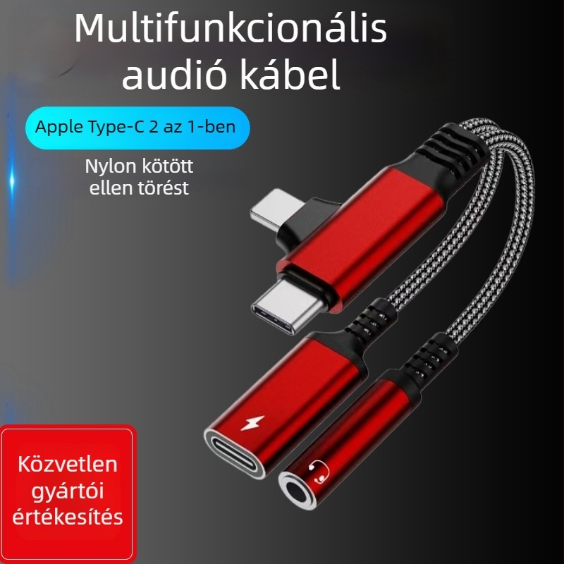 Type-C audió és töltés 2-in-1 adapter kábel Apple, Huawei, Samsung számára; nikkel bevonat, rézvezető, ROHS tanúsított