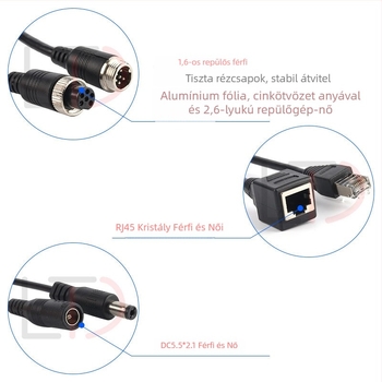 Longtaida 6P repülőgép-autó IPC kamera adapterkábel RJ45 Kristály fej és PVC hüvely