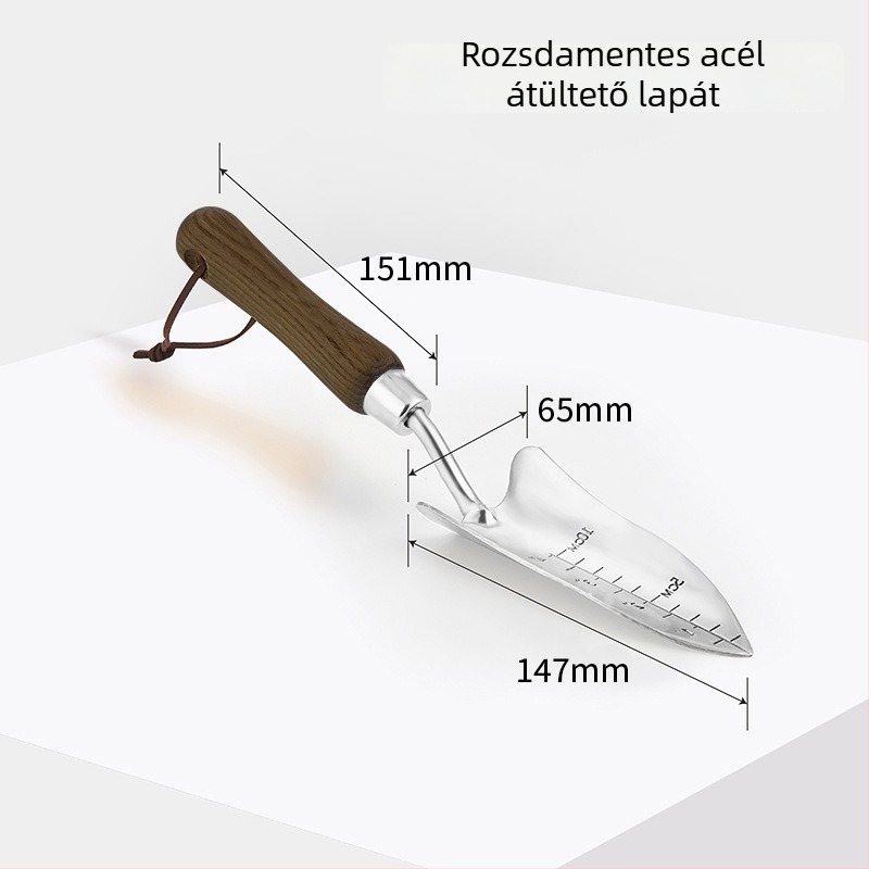 Otthoni használatra készült rozsdamentes acél kerti szerszámkészlet: ásó és kis kapa a talaj ásásához, ültetéséhez és átültetéséhez; tartalmaz kis ásót és kis ültetési eszközt