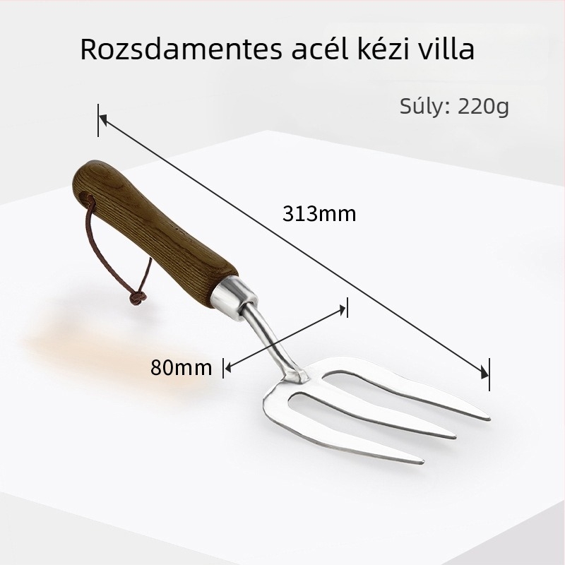 Otthoni használatra készült rozsdamentes acél kerti szerszámkészlet: ásó és kis kapa a talaj ásásához, ültetéséhez és átültetéséhez; tartalmaz kis ásót és kis ültetési eszközt