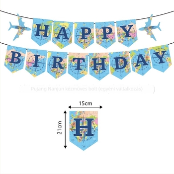 Utazás-térkép témájú parti dekoráció – Kompassz, zászlók és léggömbök, papírból készült rekvizíták a helyszín díszítéséhez születésnapra